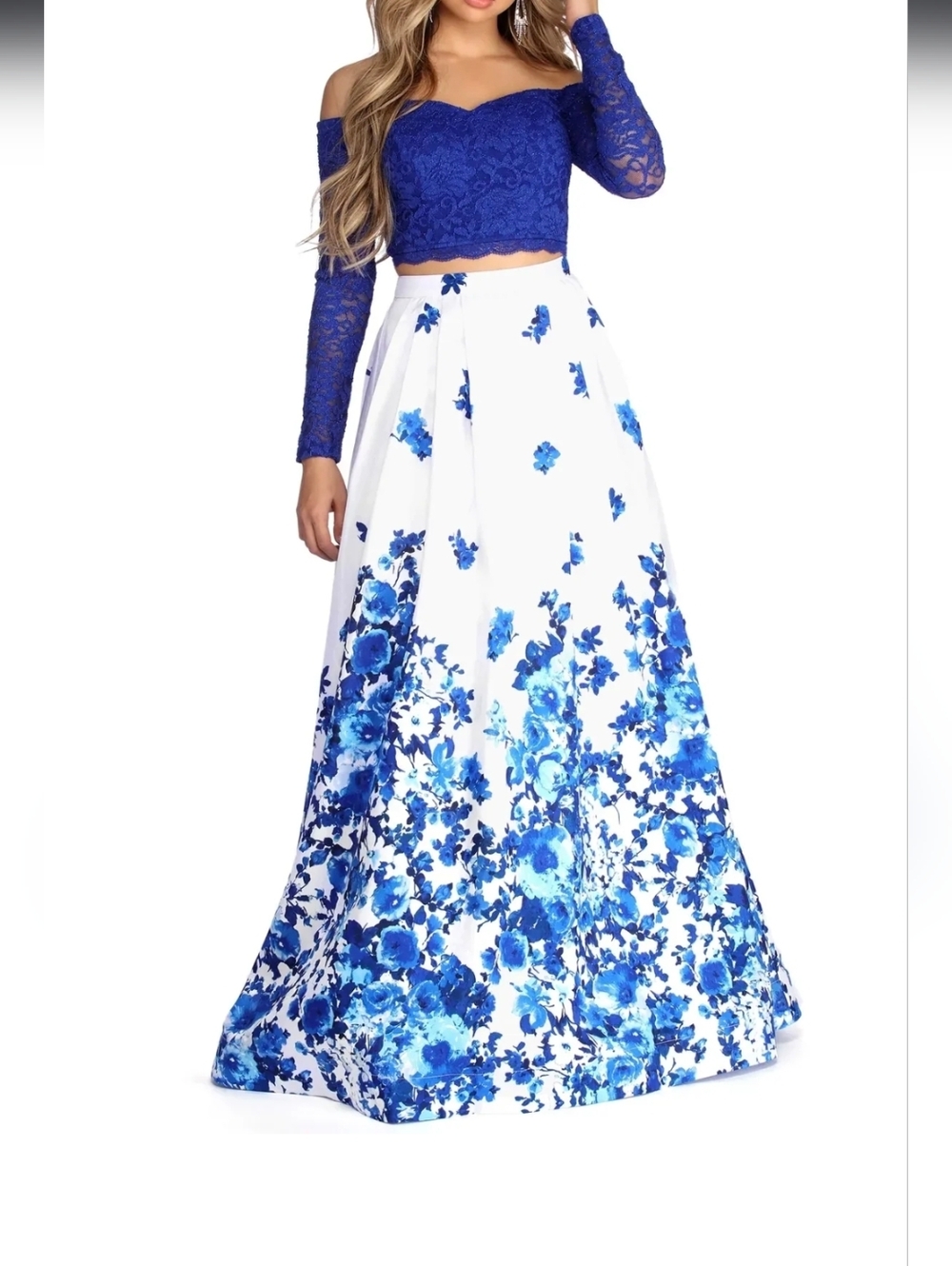 Blue Floral Maxi Dress with Lace Bodice